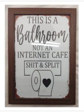 Funny Bathroom Wall Decor Sign Framed Shit and Split Humorous Wood Look Plaque